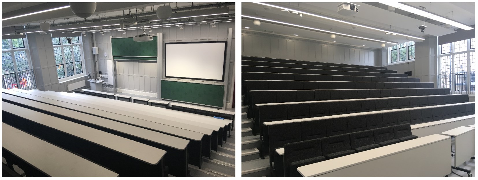 Tiered seats in rows facing the teaching wall.